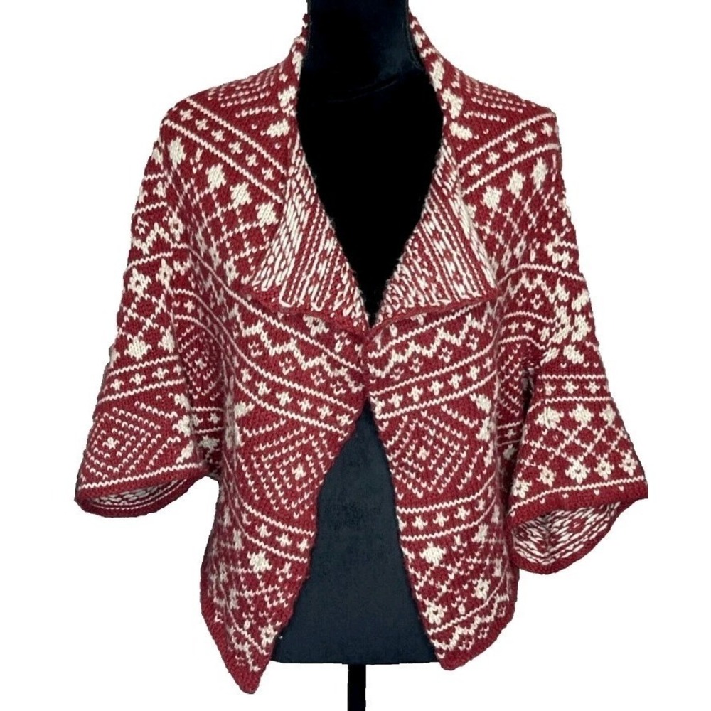 CABI Wool Blend Fair Isle Nordic Shrug Cardigan Red Womens Medium Heritage #971